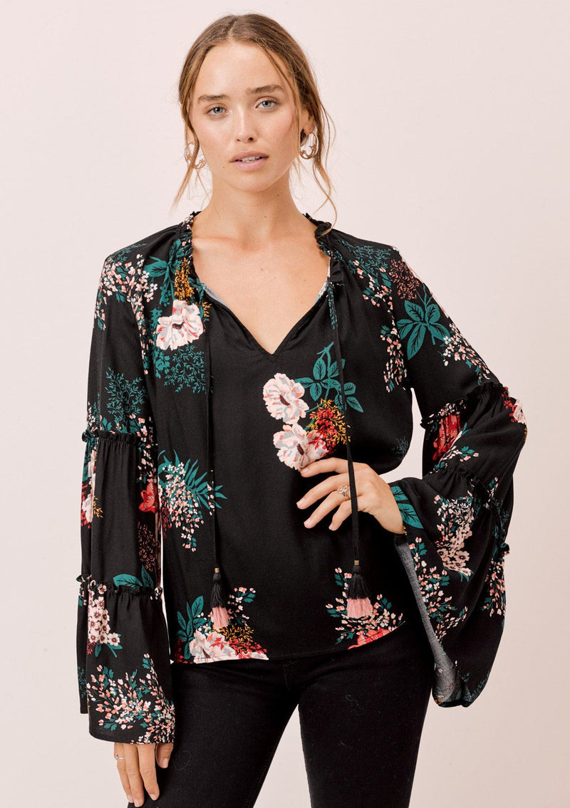 [Color: Black] Lovestitch black Floral printed, bell sleeve, bohemian top with tie neck and ruffle details. 