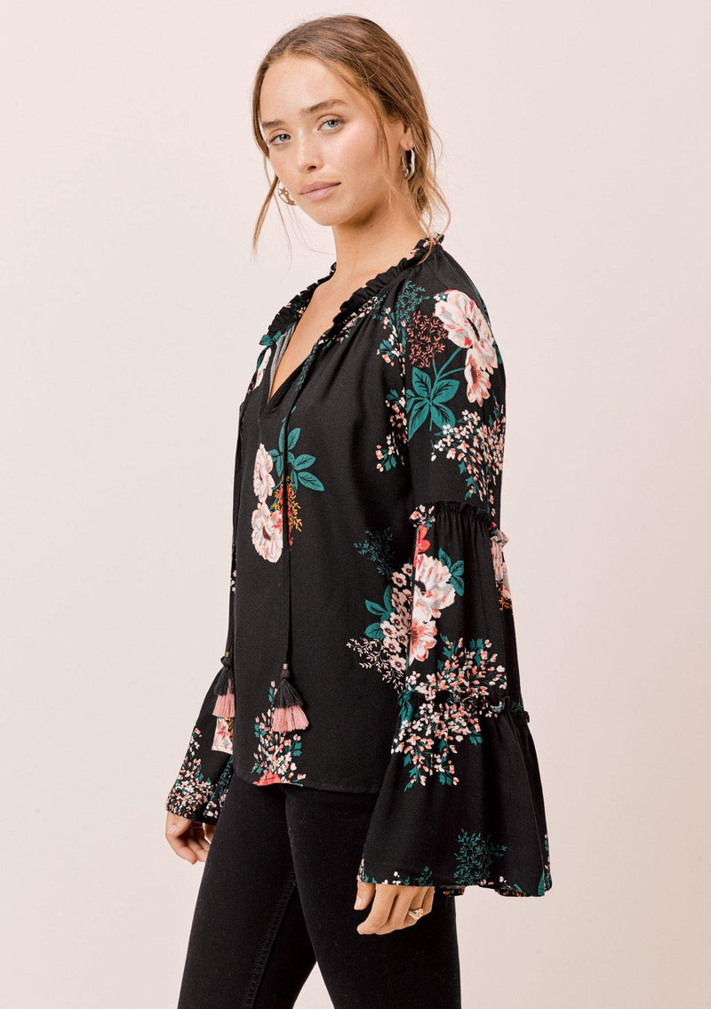 [Color: Black] Lovestitch black Floral printed, bell sleeve, bohemian top with tie neck and ruffle details. 