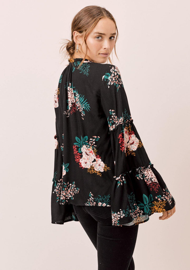 [Color: Black] Lovestitch black Floral printed, bell sleeve, bohemian top with tie neck and ruffle details. 