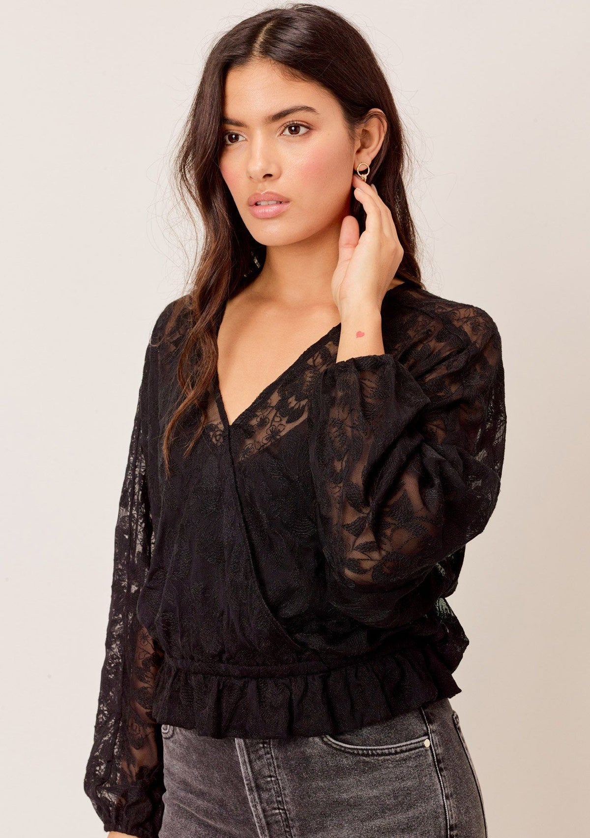 トップス L'Appartement Dolman sleeve sheer Blouse Lovestitch-Black-Lace-Top-