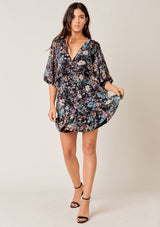 [Color: Black/Apricot/Blue] Lovestitch Floral printed, split sleeve mini dress with smocked waist and sleeve cuffs. 
