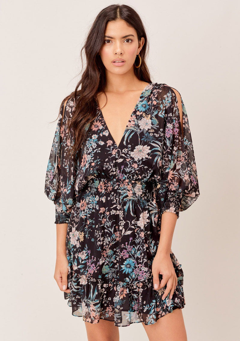 [Color: Black/Apricot/Blue] Lovestitch Floral printed, split sleeve mini dress with smocked waist and sleeve cuffs. 