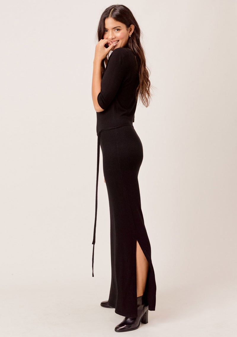 [Color: Black] Lovestitch black fitted knit maxi dress with Henley v neckline, side slit and a belt