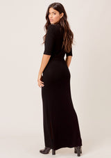 [Color: Black] Lovestitch black fitted knit maxi dress with Henley v neckline, side slit and a belt