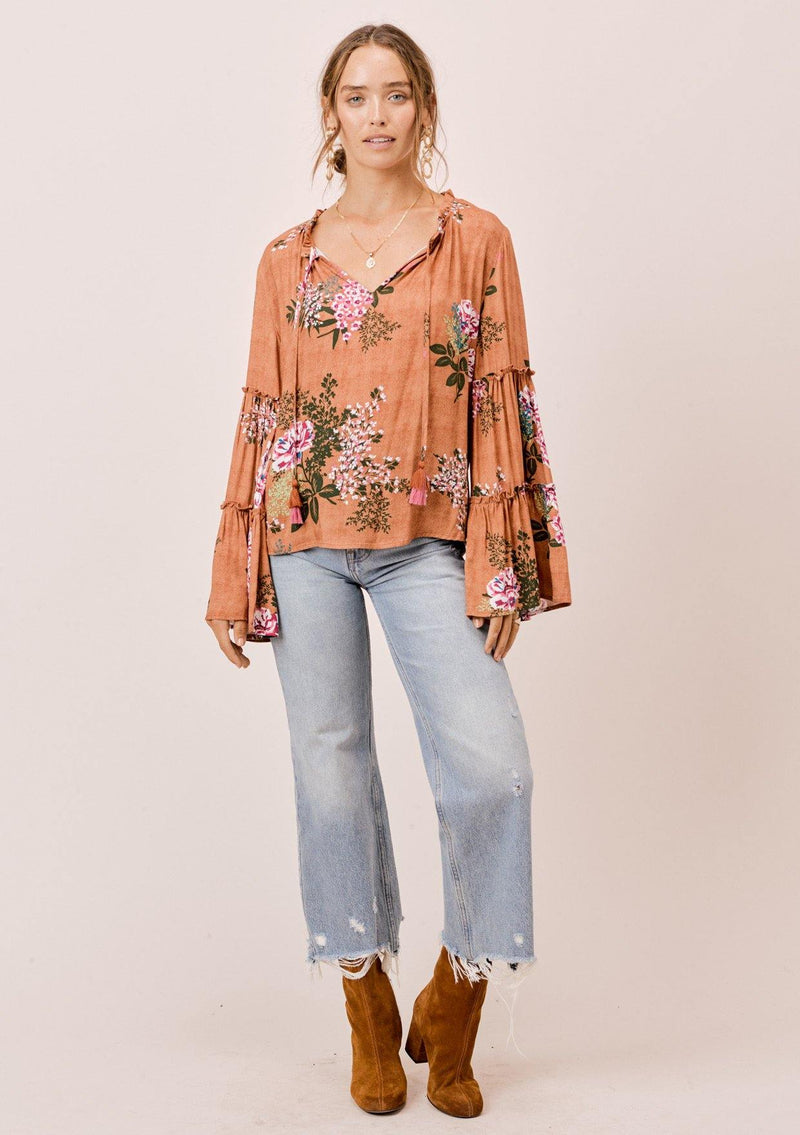 [Color: Saddle] Lovestitch saddle brown Floral printed, bell sleeve, bohemian top with tie neck and ruffle details. 