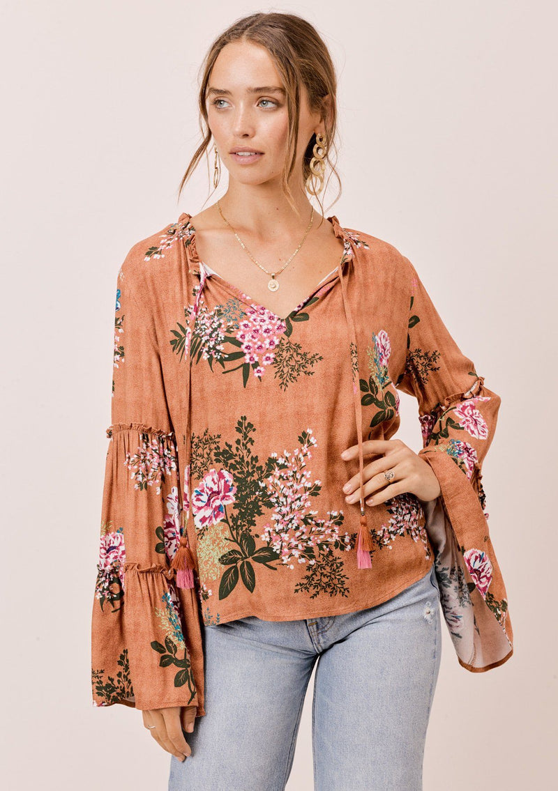[Color: Saddle] Lovestitch saddle brown Floral printed, bell sleeve, bohemian top with tie neck and ruffle details. 