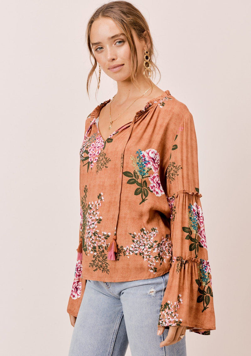 [Color: Saddle] Lovestitch saddle brown Floral printed, bell sleeve, bohemian top with tie neck and ruffle details. 