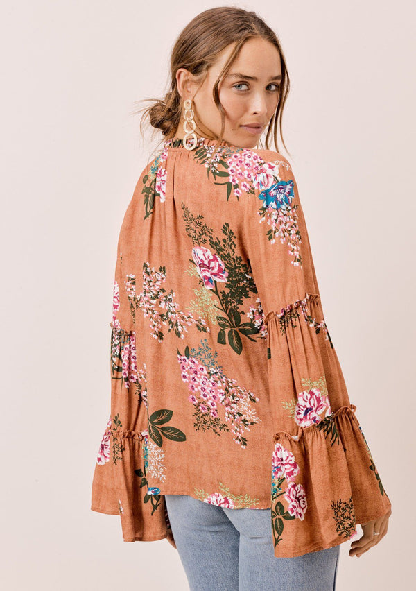 [Color: Saddle] Lovestitch saddle brown Floral printed, bell sleeve, bohemian top with tie neck and ruffle details. 