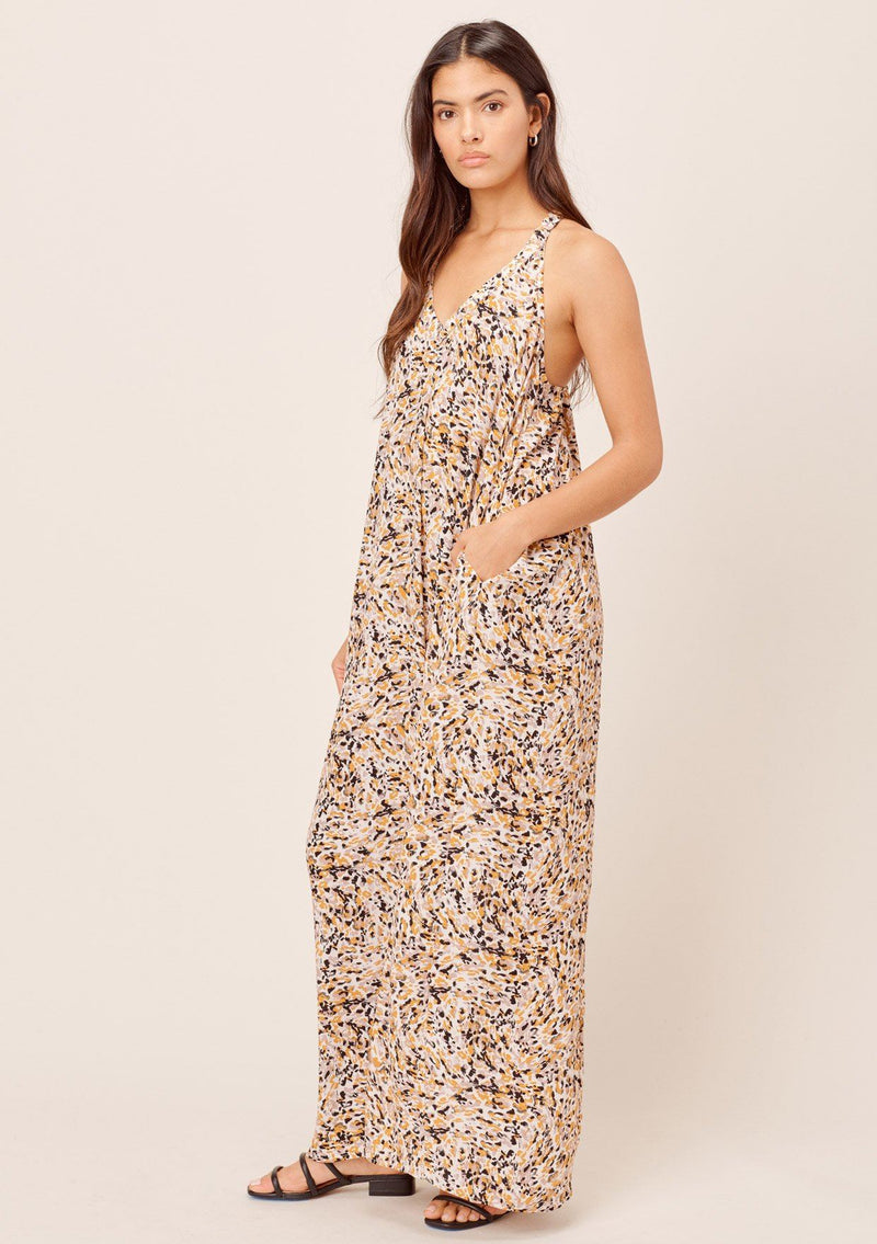 [Color: Bone/Butterscotch] Lovestitch Brushstroke animal printed, pleated racerback maxi dress with side pockets. 