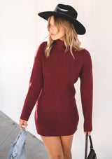 [Color: Merlot] Lovestitch Merlot Cut Out Turtleneck Ribbed Sweater Dress 