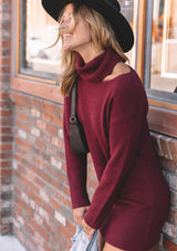 [Color: Merlot] Lovestitch Merlot Cut Out Turtleneck Ribbed Sweater Dress 
