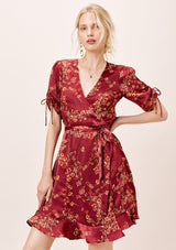 [Color: Burgundy] Ultra feminine floral mini wrap dress. A soft and silky wrap dress features a tie sleeve detail and a flattering v neckline.