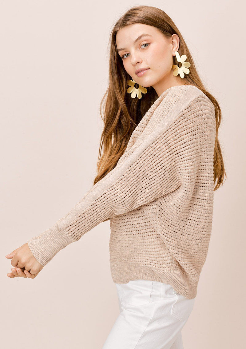 [Color: Champagne/Gold] Lovestitch champagne/gold metallic boatneck, dolman sleeve sweater