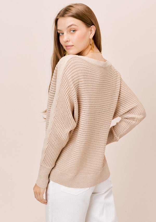[Color: Champagne/Gold] Lovestitch champagne/gold metallic boatneck, dolman sleeve sweater