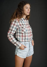 [Color: Natural/Multi] Lovestitch long sleeve, double gauze, bleach wash, multi-colored checkered plaid, snap front shirt with two pocket detail. 