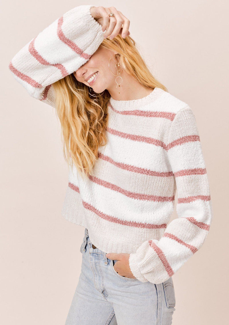 [Color: OffWhite/Rose/Sand] Lovestitch Striped, Chenille Crewneck Sweater