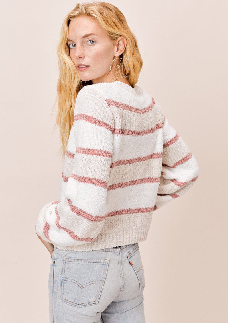 [Color: OffWhite/Rose/Sand] Lovestitch Striped, Chenille Crewneck Sweater