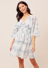 [Color: White/MultiBlue] Lovestitch kimono sleeve, embroidered eyelet chevron striped mini dress with smocked waist