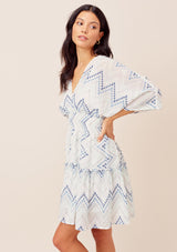 [Color: White/MultiBlue] Lovestitch kimono sleeve, embroidered eyelet chevron striped mini dress with smocked waist
