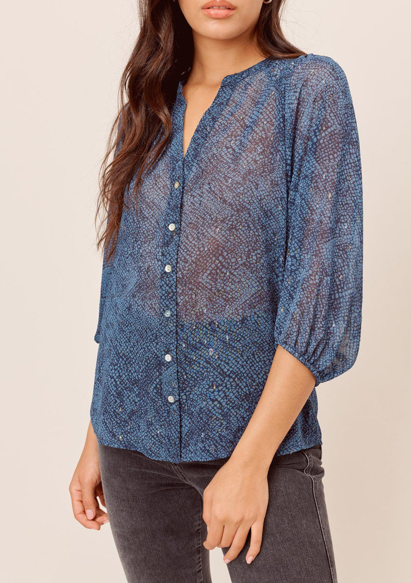 [Color: Navy/Sky] Lovestitch Snakeskin printed, buttondown chiffon top with three quarter length volume sleeves and metallic details. 