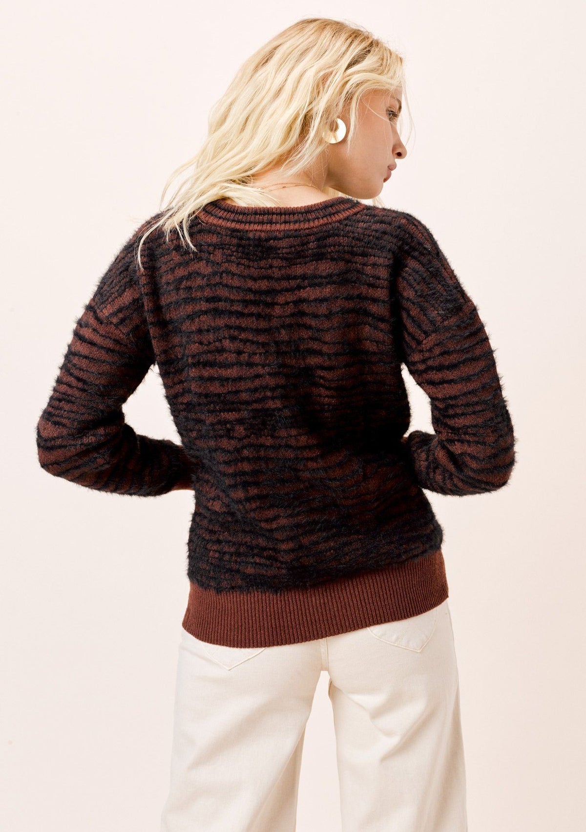 Striped Zebra Fuzzy V-Neckline Pullover | LOVESTITCH