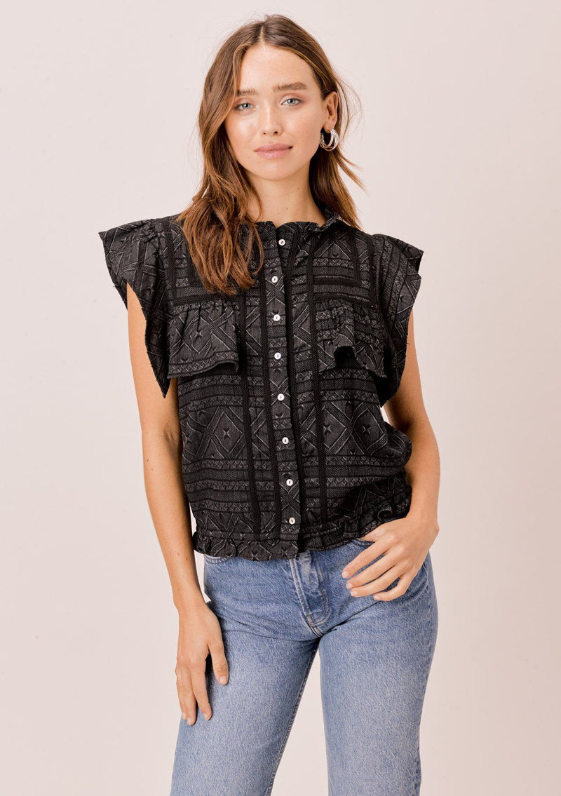 [Color: Black] A pretty bohemian chic top in a multi textured cotton. Featuring delicate lattice trim inserts, a high neckline, and flirty ruffle details throughout.