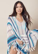 [Color: Navy/Blue/Grey] Throw it back to the seventies in our oversize multicolor stripe crochet poncho. Features a hood.