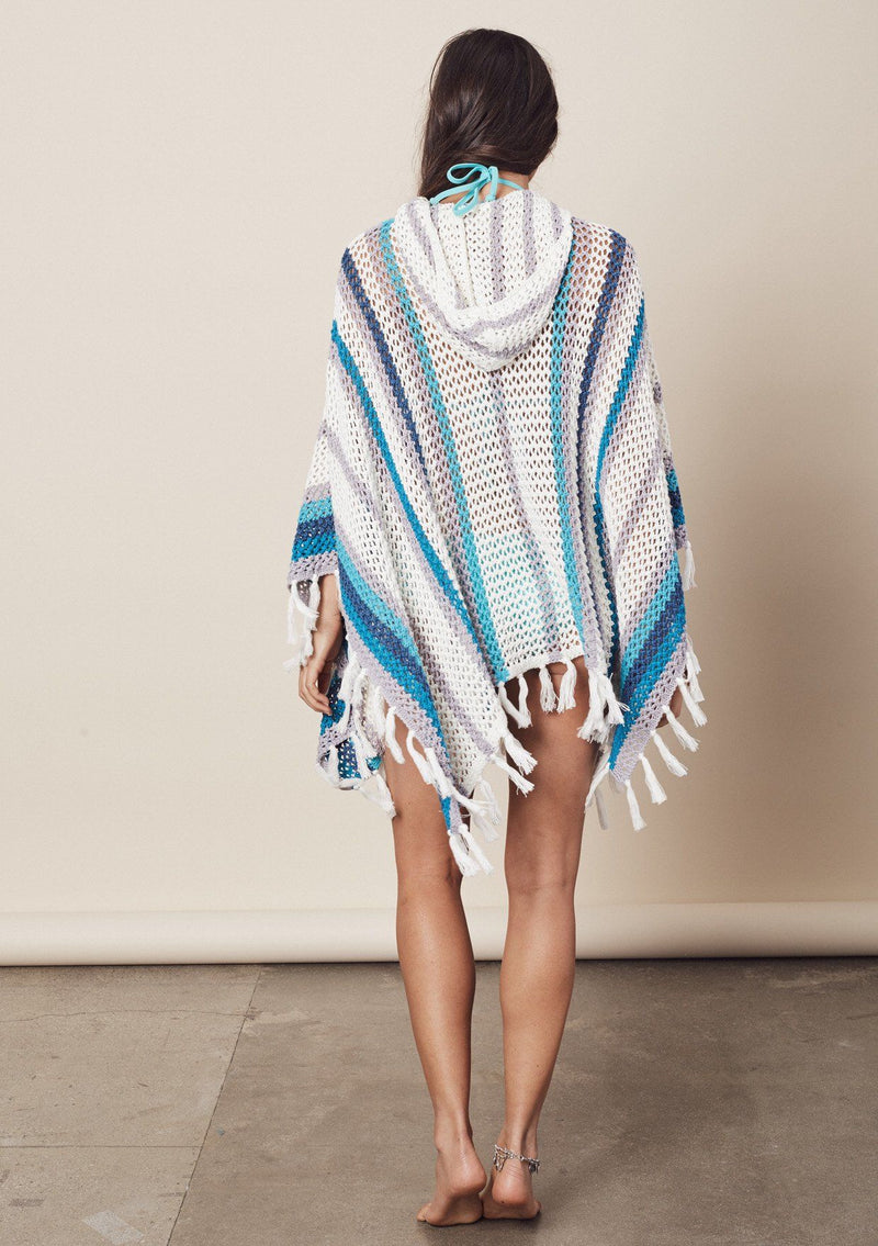 [Color: Navy/Blue/Grey] Throw it back to the seventies in our oversize multicolor stripe crochet poncho. Features a hood. 