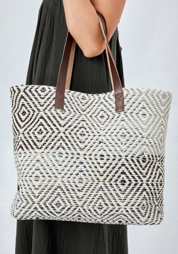 [Color: Natural] Lovestitch diamond embroidered, beautifully made, cotton tote bag with sustainable & comfy, vegan leather handles