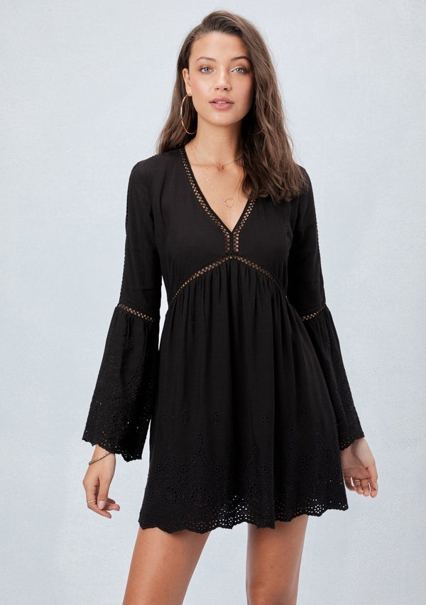 [Color: Black] Lovestitch black embroidered eyelet mini dress with romantic bell sleeves, scalloped hem, lace and lattice trim details