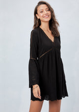 [Color: Black] Lovestitch black embroidered eyelet mini dress with romantic bell sleeves, scalloped hem, lace and lattice trim details