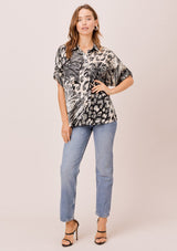 [Color: Black/Natural] Lovestitch geo printed, buttondown, short sleeve top with cuffed sleeves. 