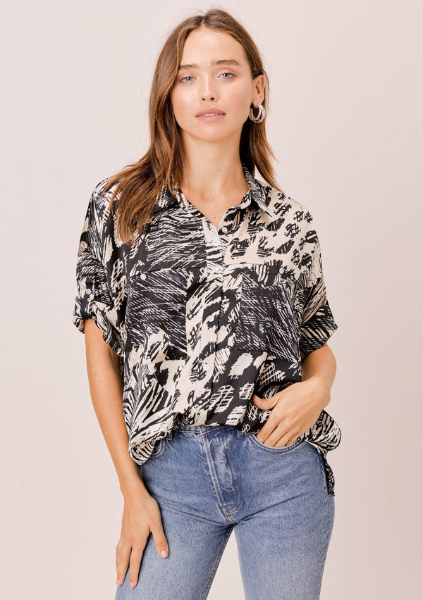 [Color: Black/Natural] Lovestitch geo printed, buttondown, short sleeve top with cuffed sleeves. 