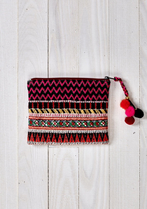 [Color: Black/Multi]  Lovestitch bohemian style coin pouch or makeup bag. Bright, abstract bag.