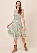 [Color: Aqua/Peach] Lovestitch floral printed midi dress with flounce top, self belt and ruffled bottom. 
