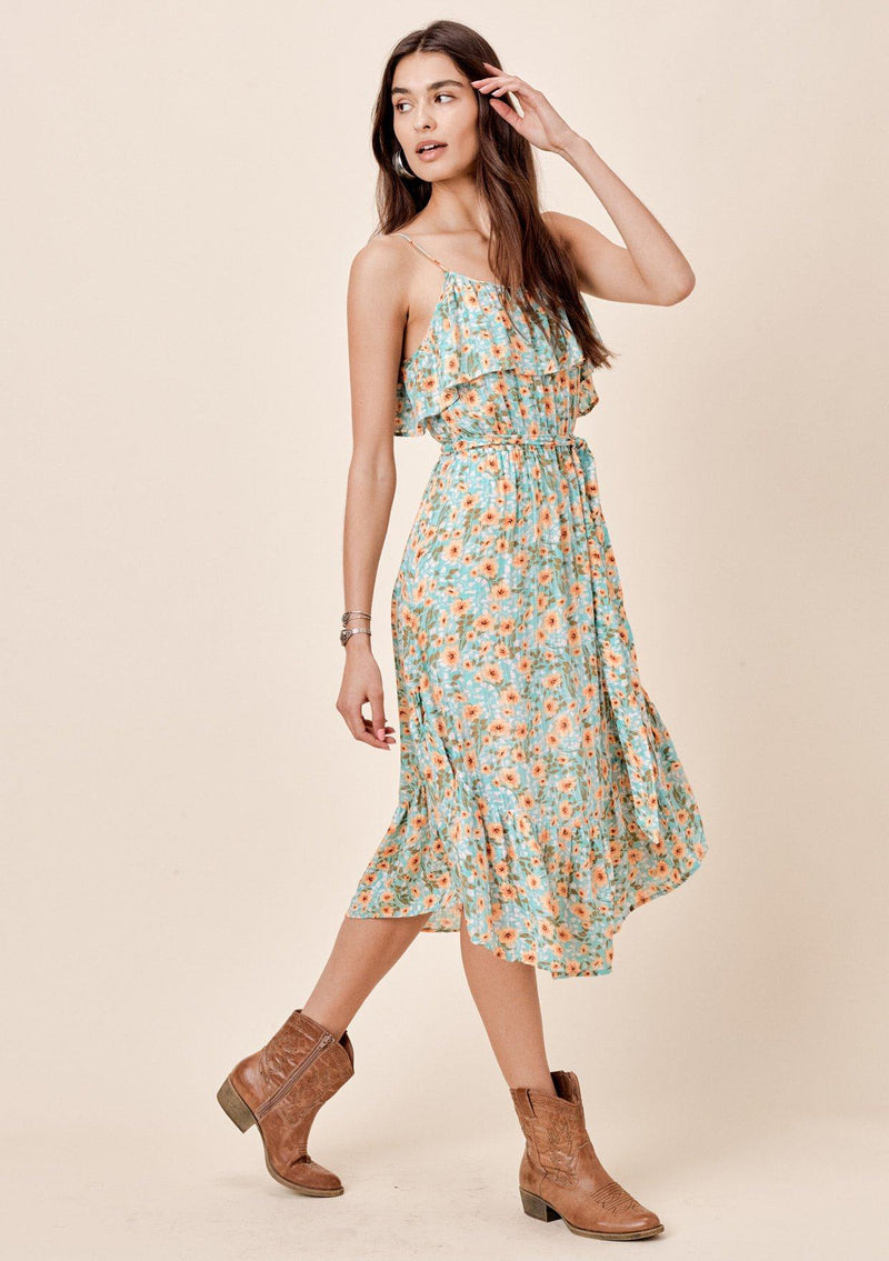[Color: Aqua/Peach] Lovestitch floral printed midi dress with flounce top, self belt and ruffled bottom. 
