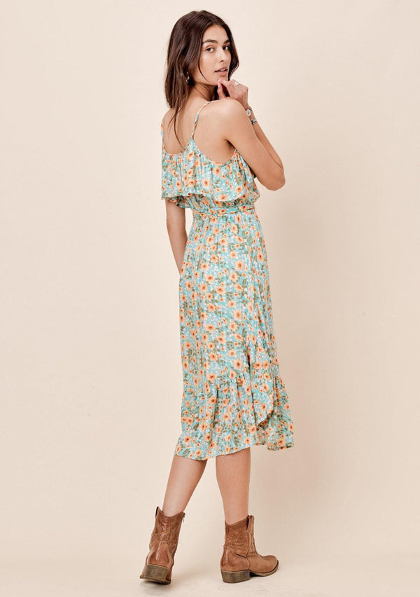 [Color: Aqua/Peach] Lovestitch floral printed midi dress with flounce top, self belt and ruffled bottom. 