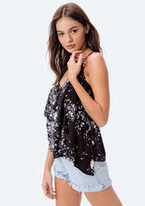 [Color: Black/Grey/OffWhite] Lovestitch black & white floral, asymmetrical tank top with ruffle detail.