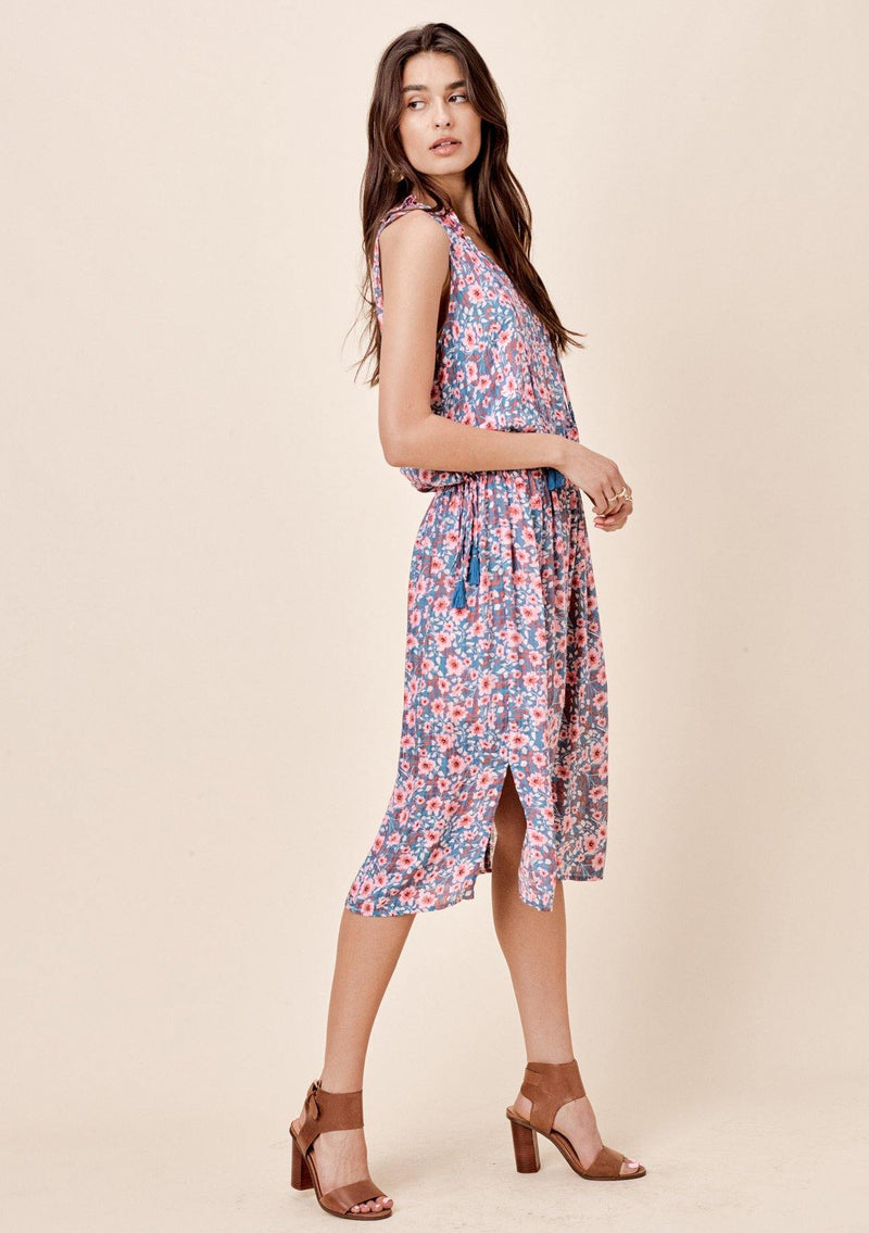 [Color: Slate/Pink] Lovestitch sleeveless, floral printed midi dress with ruffle neck detail and tie front detail. 
