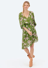 [Color: Leaf Green] Lovestitch leaf green, floral printed, kimono sleeve, asymmetrical dress. 