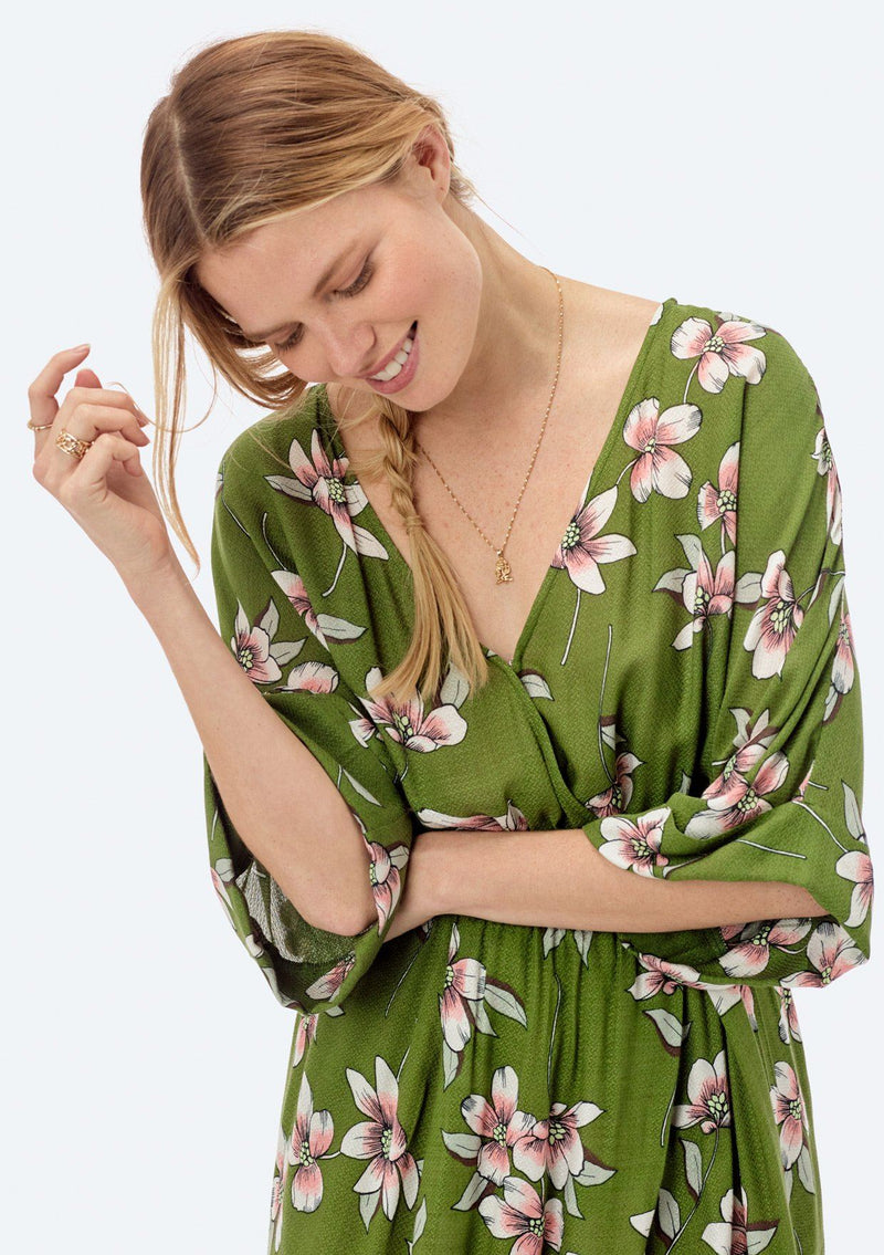 [Color: Leaf Green] Lovestitch leaf green, floral printed, kimono sleeve, asymmetrical dress. 