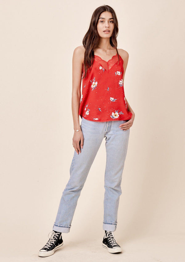 [Color: Tomato] Lovestitch silken, floral printed, lace trimmed cami