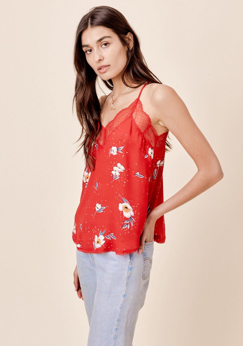 [Color: Tomato] Lovestitch silken, floral printed, lace trimmed cami