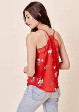 [Color: Tomato] Lovestitch silken, floral printed, lace trimmed cami