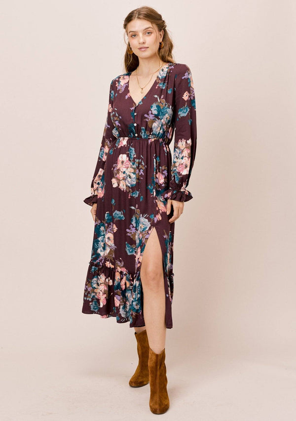 [Color: Vintage/Raisin] Lovestitch long sleeve, floral dress with ruffled cuffs, buttoned top and front slit. 