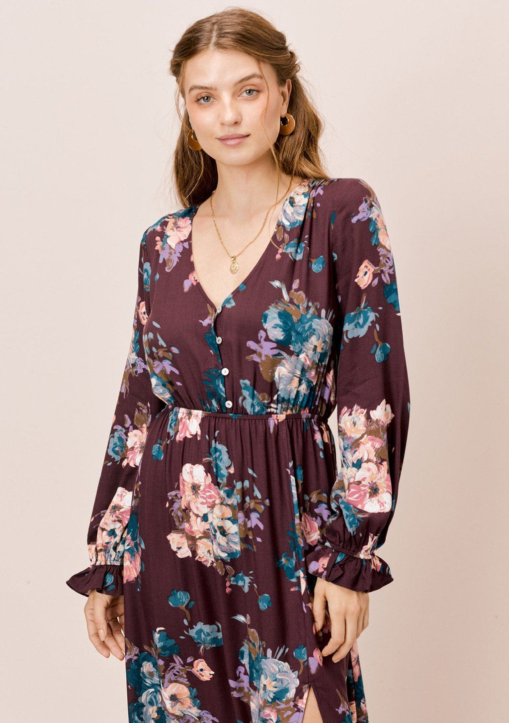 Bohemian Long Sleeve Floral Midi Dress | LOVESTITCH