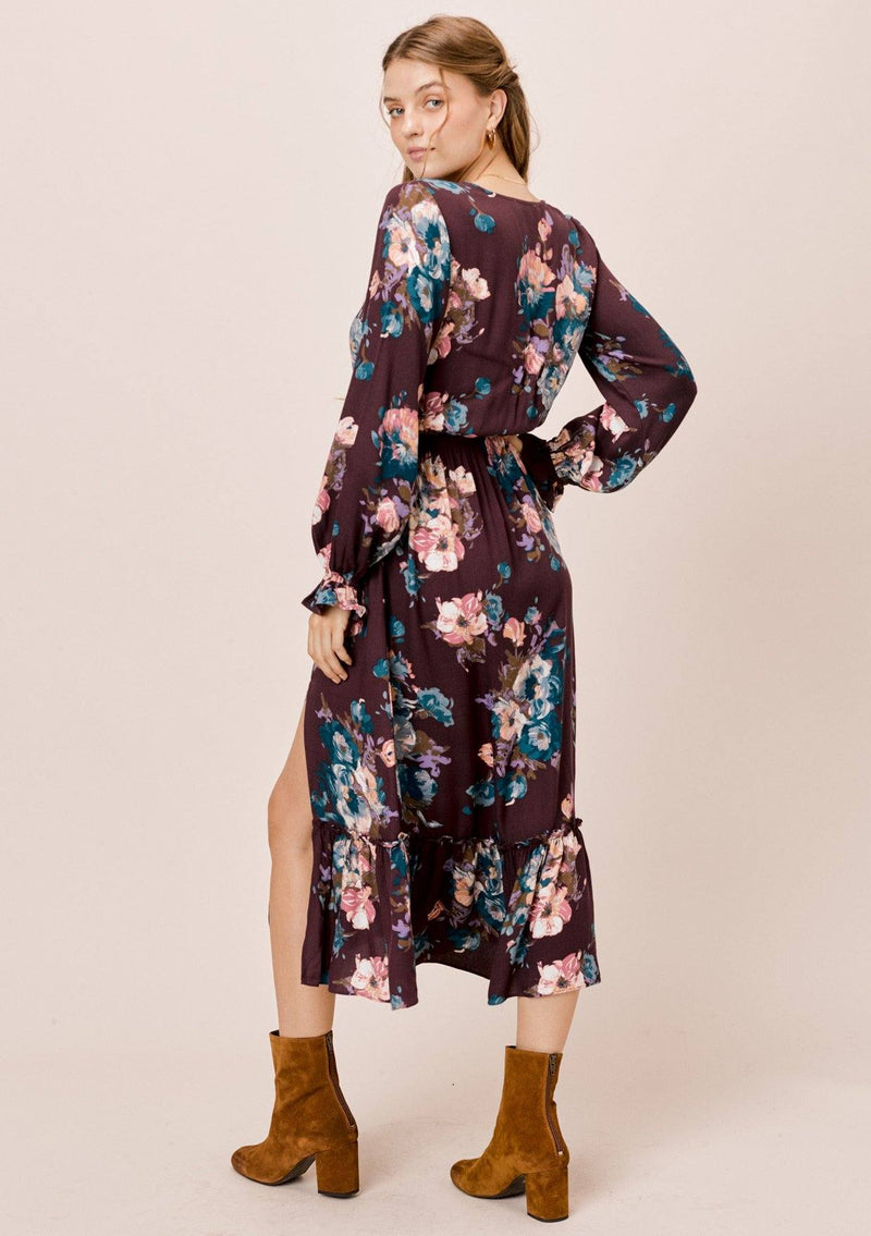 [Color: Vintage/Raisin] Lovestitch long sleeve, floral dress with ruffled cuffs, buttoned top and front slit. 