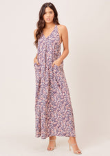 [Color: Charcoal/Peach] Lovestitch charcoal/peach Floral printed, pleated racerback maxi dress with side pockets. 
