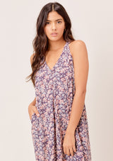 [Color: Charcoal/Peach] Lovestitch charcoal/peach Floral printed, pleated racerback maxi dress with side pockets. 