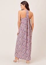 [Color: Charcoal/Peach] Lovestitch charcoal/peach Floral printed, pleated racerback maxi dress with side pockets. 